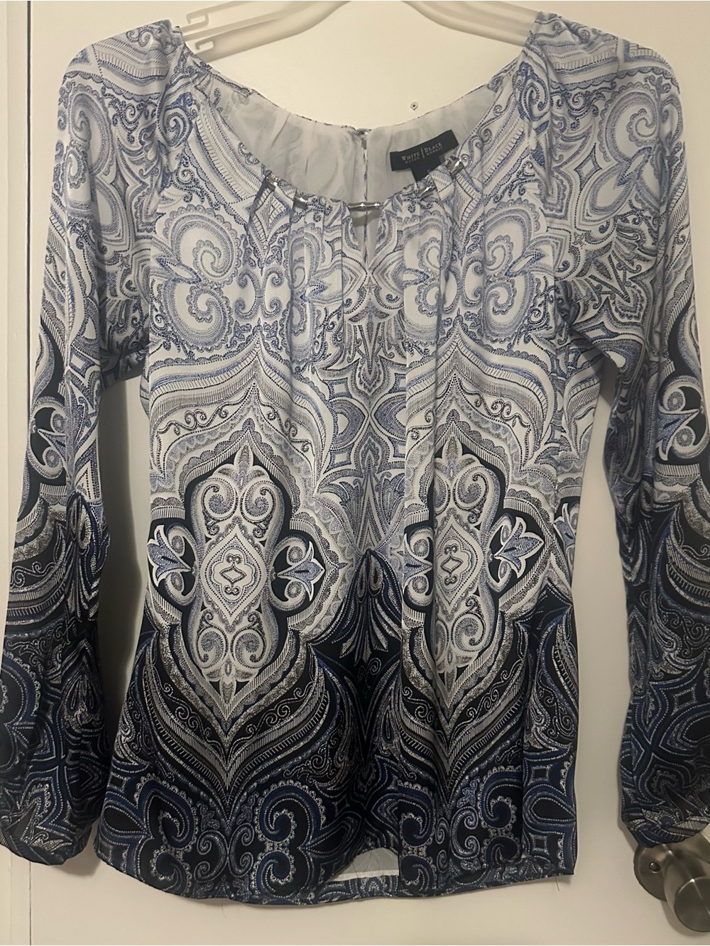 White House Black Market Blue and White Paisley Scoop Neck Blouse
